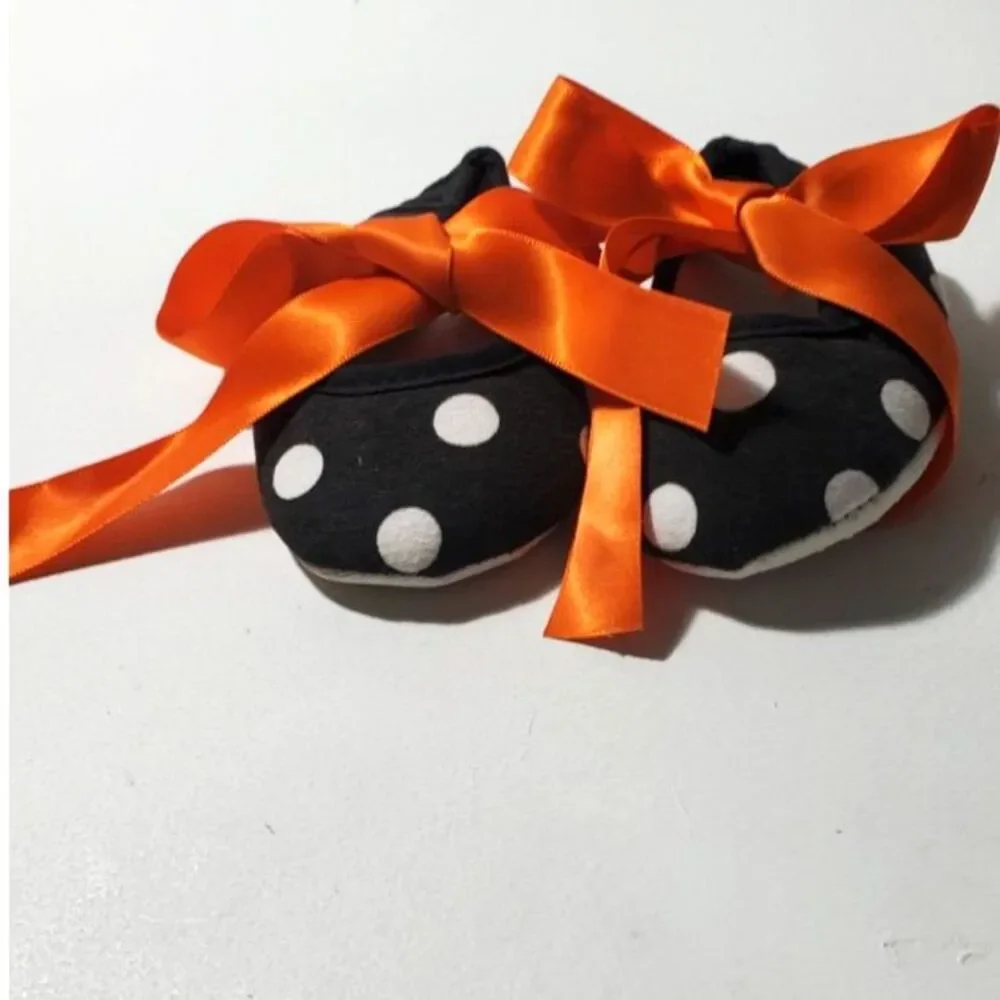 Halloween Costume Baby Shoes Black and White Polka Dot with Orange Ribbon